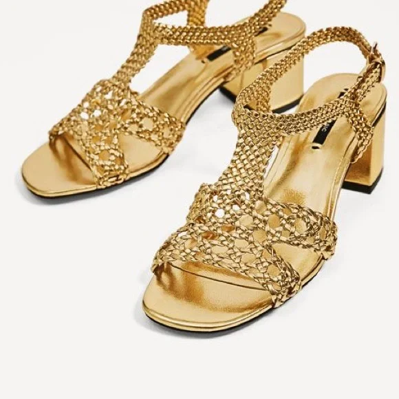 Zara | Shoes | Zara Gold Metallic Woven Block Heel Sandals
